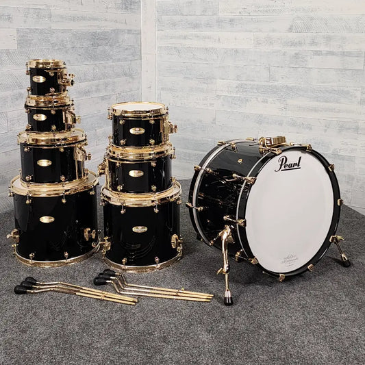 Pearl Masterworks 8pc Drum Set Piano Black w/Gold Hardware - Excellent - Drum Center Of Portsmouth