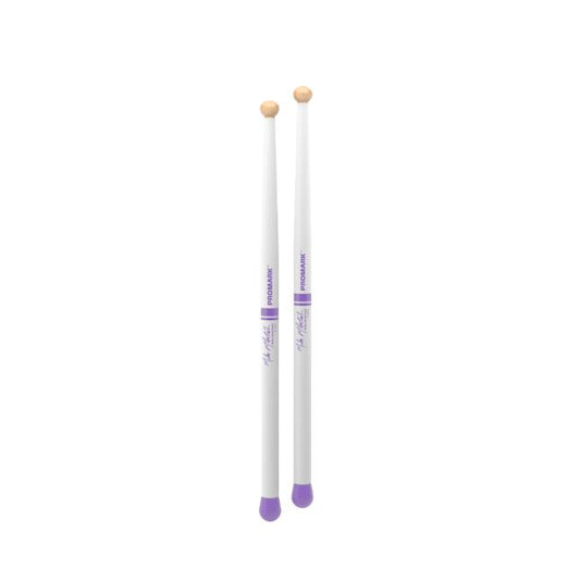 Two drumsticks with purple tips on a white background