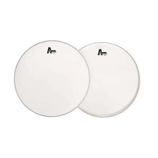Two white drum heads with a brand logo on a white background
