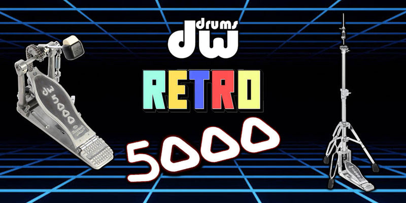 DW 5000 bass drum pedal and hi-hat stand displayed on a black grid background with "DW Retro 5000" text in the center.