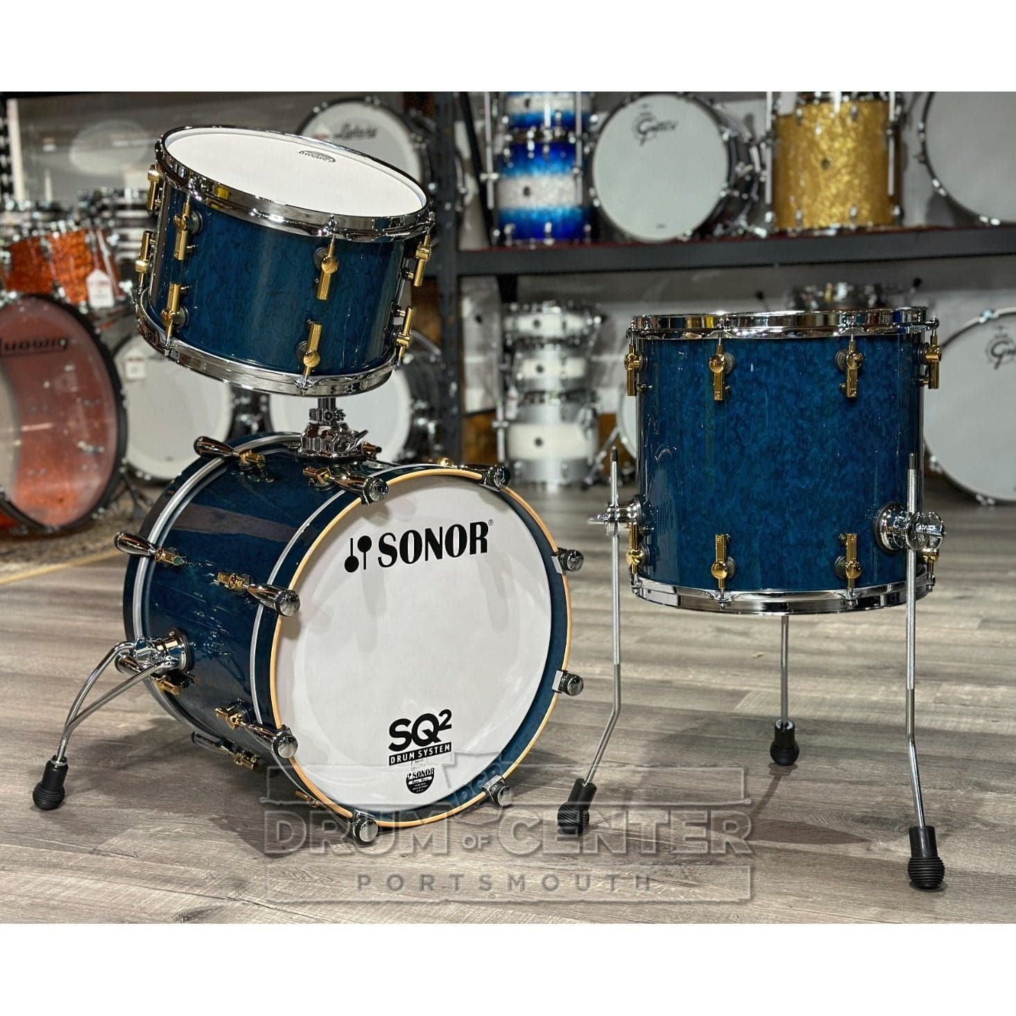 Sonor SQ2 Maple 3pc Drum Set Birdseye Azure Gloss w/Chrome & Gold Hardware